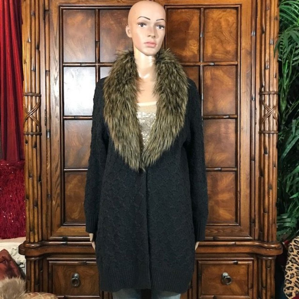 Jones New York Removable Faux Fur Collar Trellis Cotton Cable Knit Cardigan